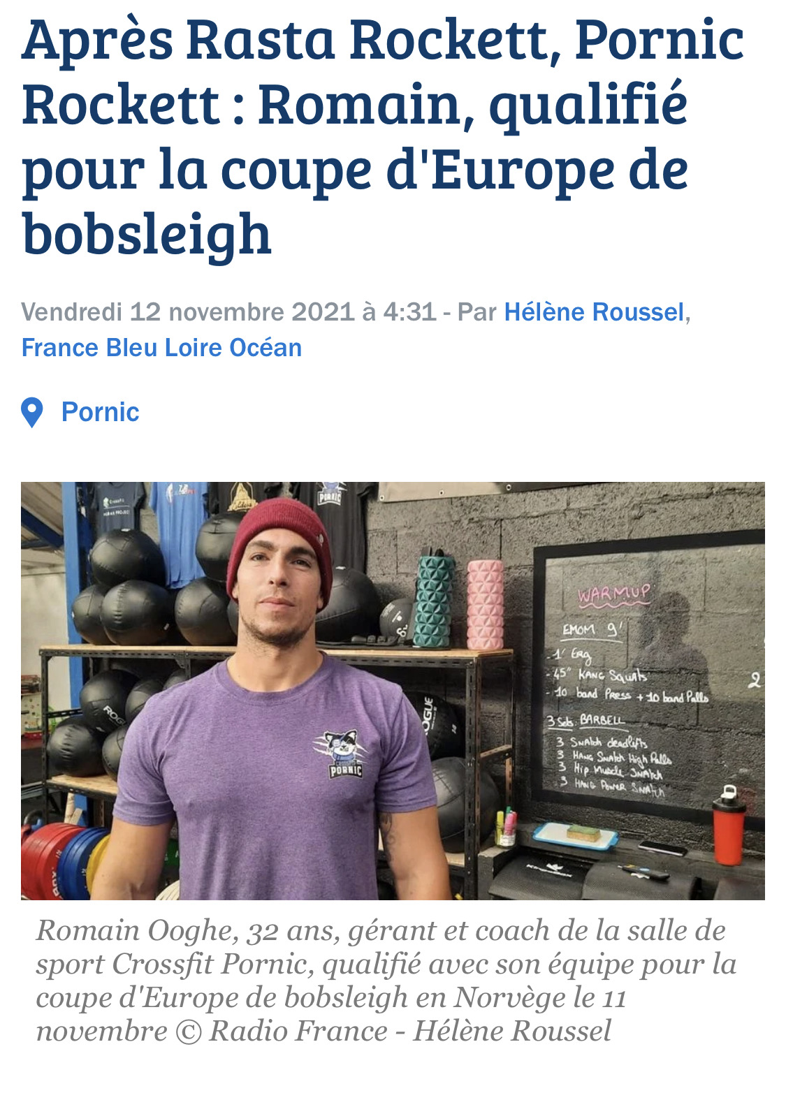 Titre de l'article France Bleu : Après Rasta Rockett, Pornic Rockett, Romain qualifié pour la coupe d'Europe de bobsleigh